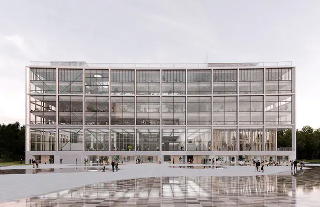 A modern, multi-story glass building with an open, airy design stands against a pale sky, reflecting in a wet plaza in front of it.