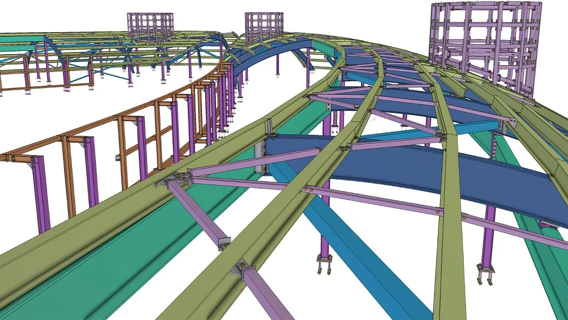 A 3D rendering shows a complex steel structure with curved beams and supports in various colors, including green, blue, and purple.