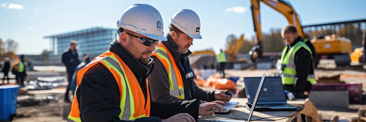E-invoicing benefits blog construction workers on laptops