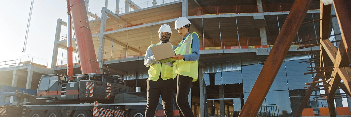Two people wearing hardhats and safety vests stand outside a building construction site and consult a laptop.