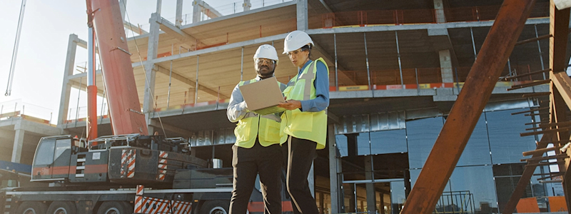 Two people wearing hardhats and safety vests stand outside a building construction site and consult a laptop.