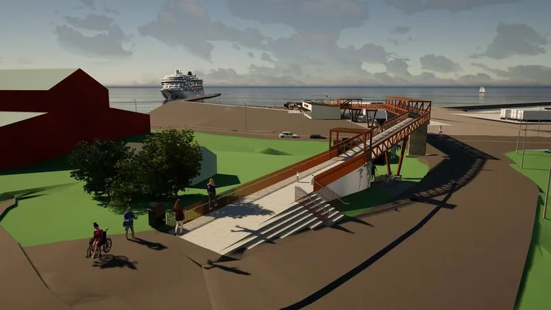 Architectural rendering of a new pedestrian bridge with ramps and stairs leading to an elevated walkway