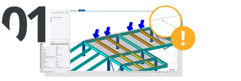 3D model showing a structure with load simulation and warning icon.