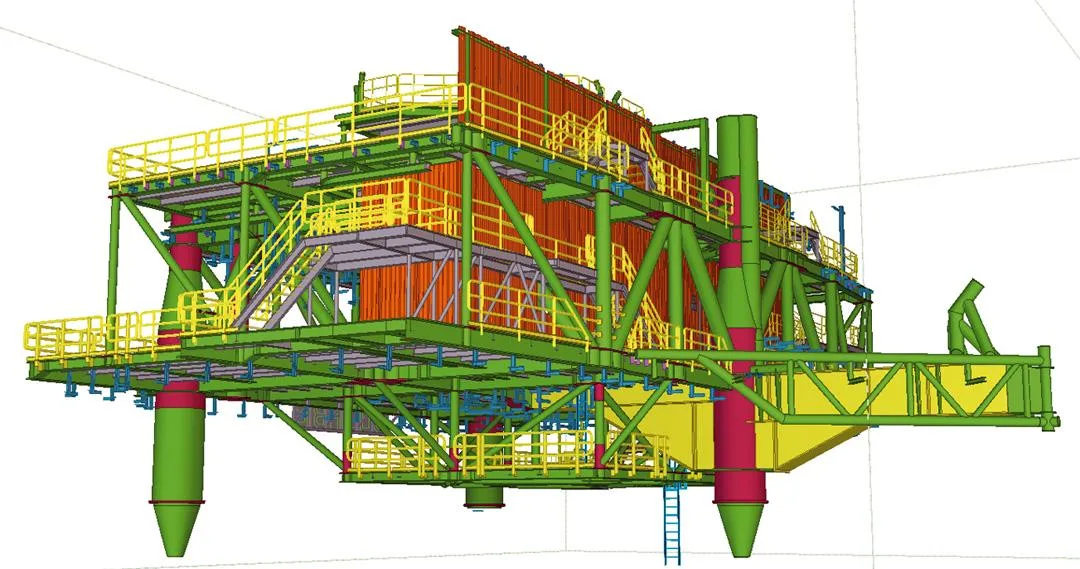 Tekla 3D model of an offshore platform, with support structures, orange and red modules and safety railings.