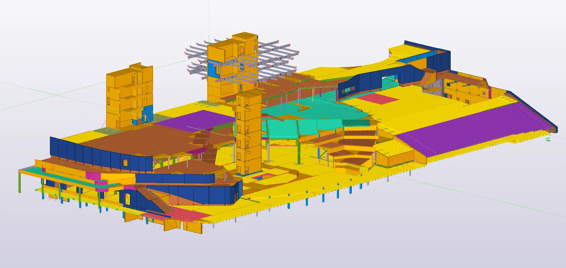 3D model of a large building with different colored sections representing various components.