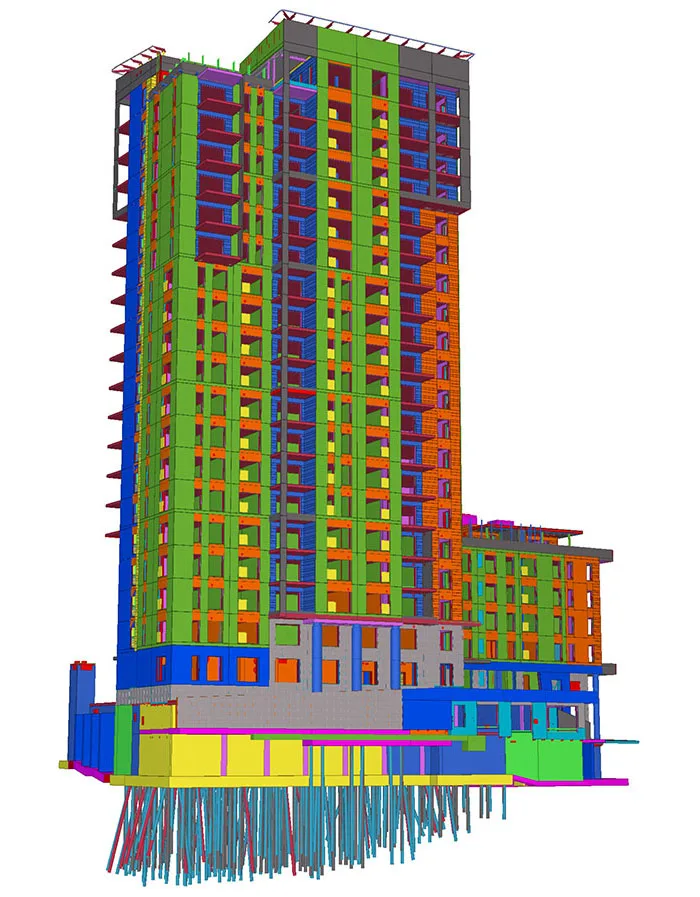 A colorful 3D architectural model of a high-rise building with multiple sections, showcasing its structural components and foundation piles.