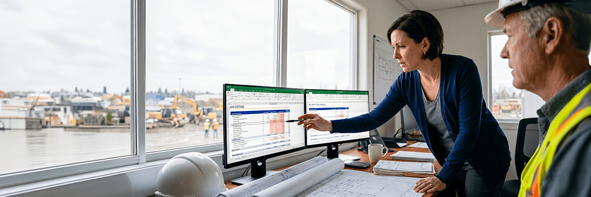 A construction executive reviews reports on her computer. In the background, her office overlooks an active port.
