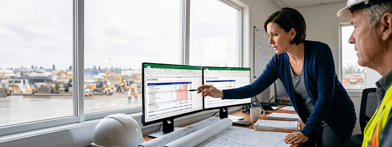 A construction executive reviews reports on her computer. In the background, her office overlooks an active port.