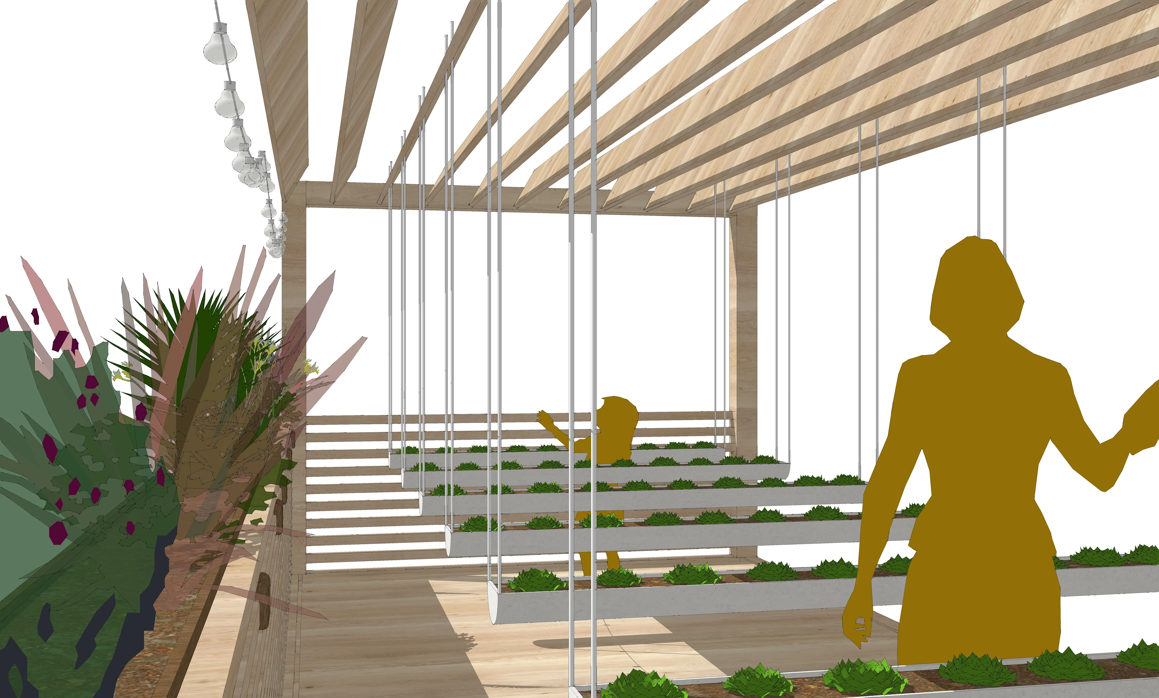 SketchUp model of the rooftop garden with wooden roof panels that are open to let sunlight in.