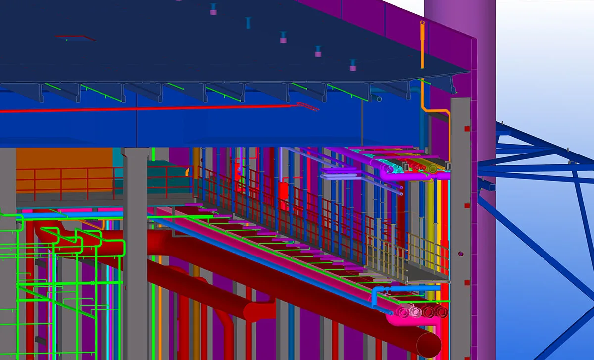 3D model of a complex industrial facility showcasing intricate pipework, ducting, and structural elements in various colors.