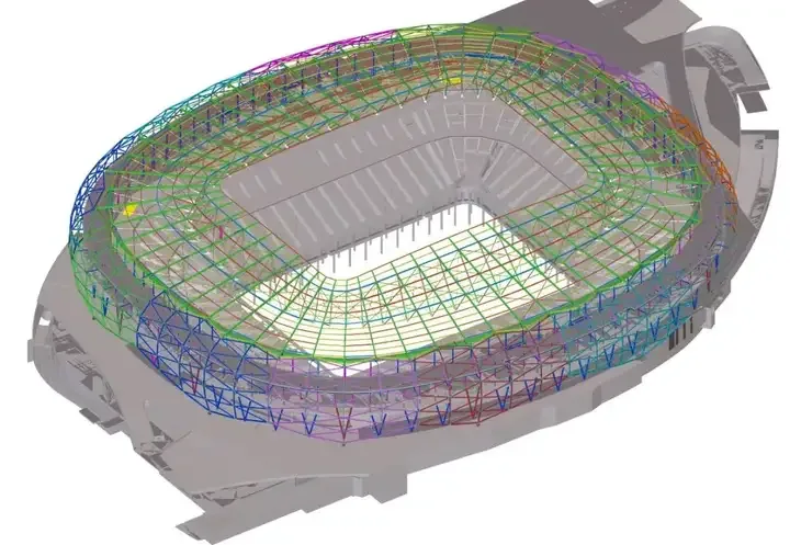 3D model of a stadium roof structure showing colorful, interconnected beams and supports.