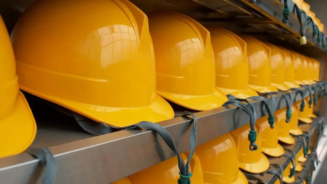 Rows of yellow hard hats lined up on a shelf