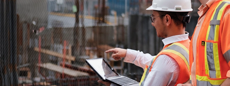 Construction workers in safety gear using a laptop at a building site