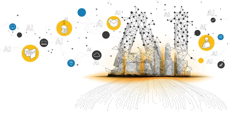 Abstract depiction of AI, with a low-poly city skyline formed by the letters AI and circuit board patterns.