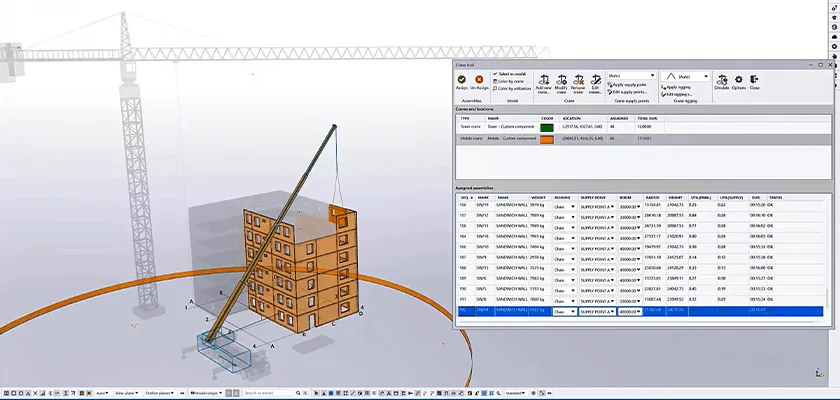 A 3D rendering shows a crane lifting a modular building onto a multi-story wooden structure. A digital interface shows construction data on the right.