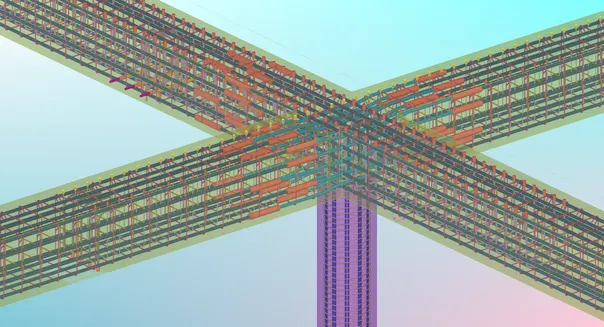3D rendering of a reinforced concrete column with intersecting beams, showing intricate steel rebar structure.