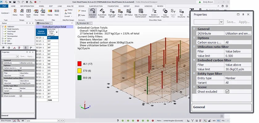 Using embodied carbon filter to show which beams are not working hard and could be made smaller to reduce carbon