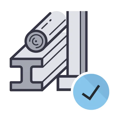 An icon of steel beams and a circular saw, with a checkmark in a blue circle, symbolizing efficiency and quality in construction.