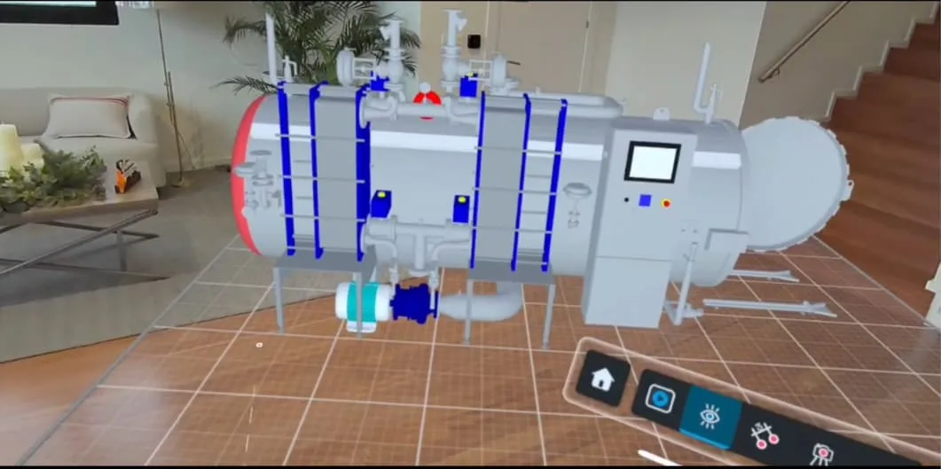 SketchUp augmented reality shows a piece of machinery being projected with an office space in the background.
