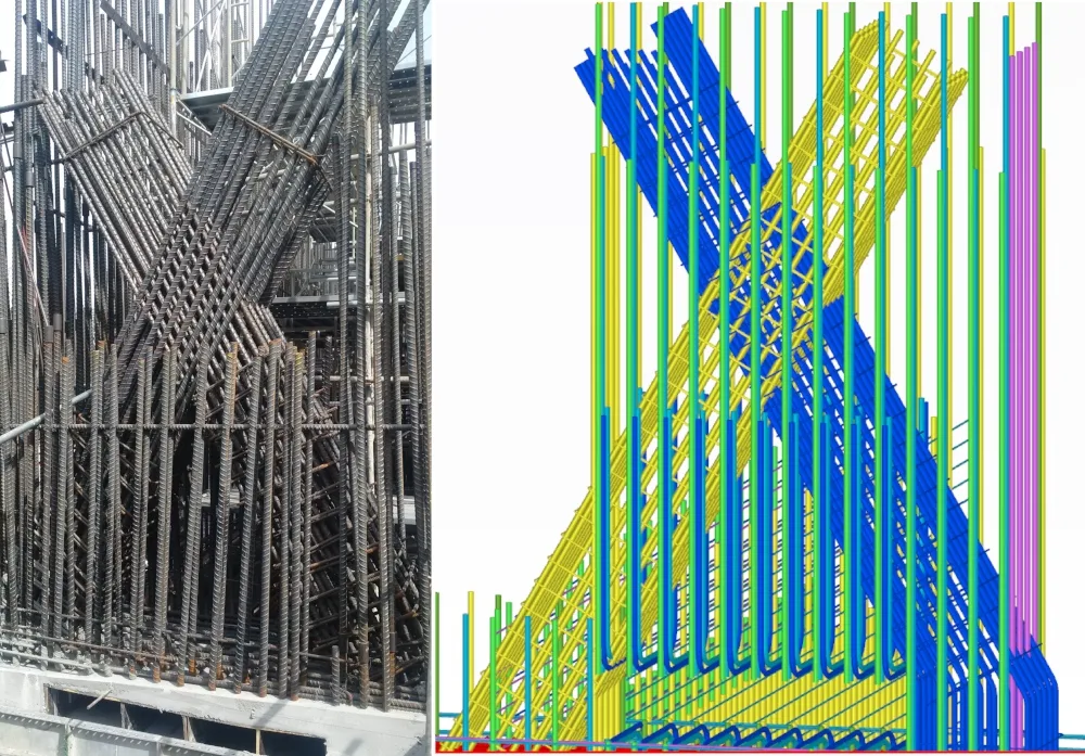 Split image showing a side-by-side comparison of rebar reinforcement cage construction and its digital model.