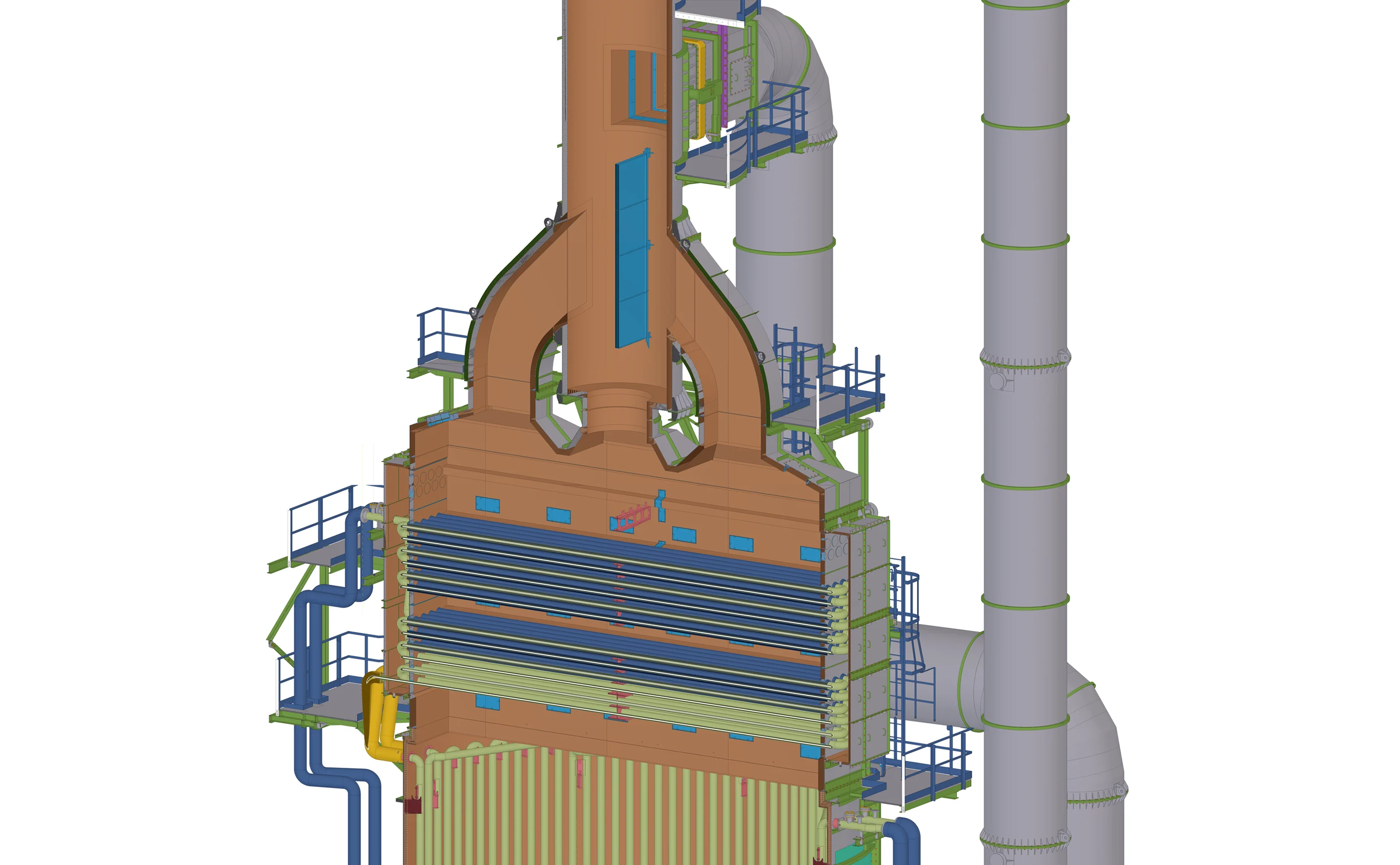 3D rendering of a boiler's convective section with multiple tubes and pipes.