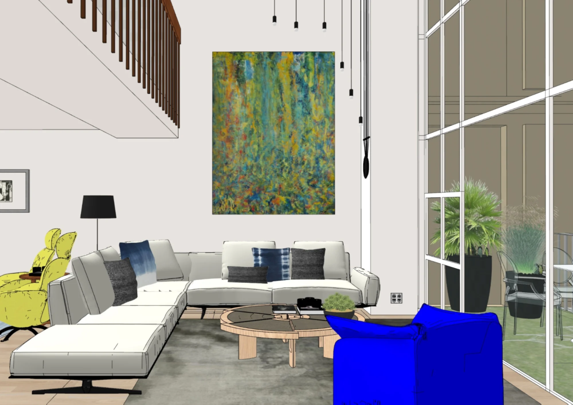 Salon, modélisé dans SketchUp. Image reproduite avec l'autorisation d'Isolina Mallon.