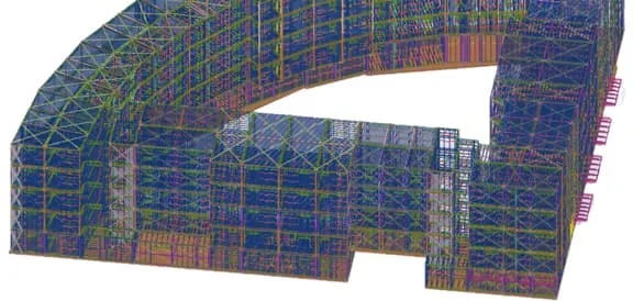 Tekla 3D render of a complex steel structure for a building