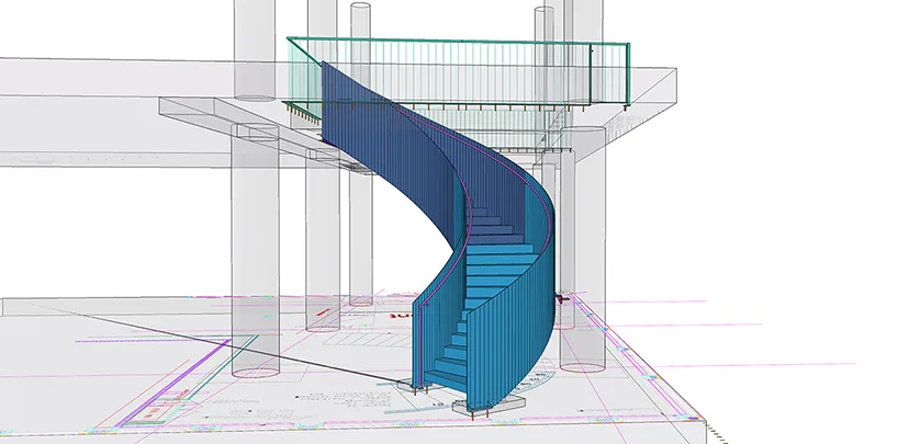 A 3D rendering of a blue spiral staircase with a glass and metal railing.