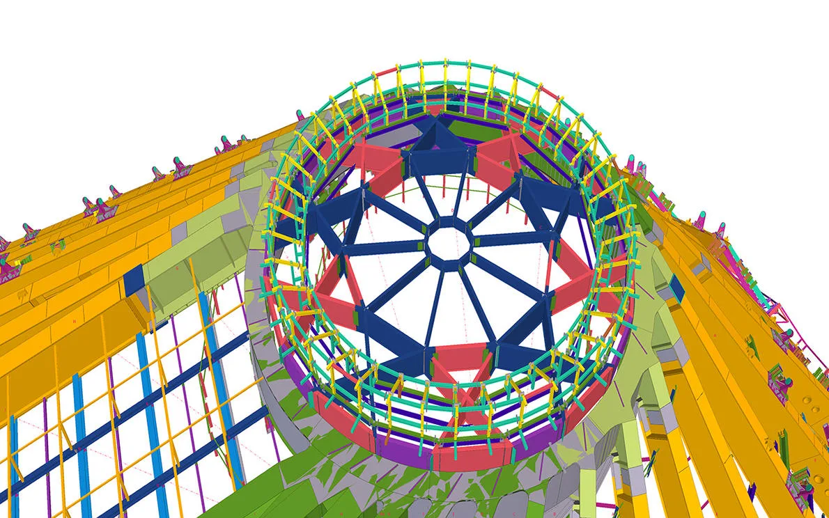 Tekla 3D render of the interior of a large, circular structure with colorful, geometric components.