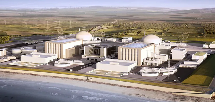 Artists impression of Hinkley Point C shows two large central concrete buildings with domed containment buildings to the rear