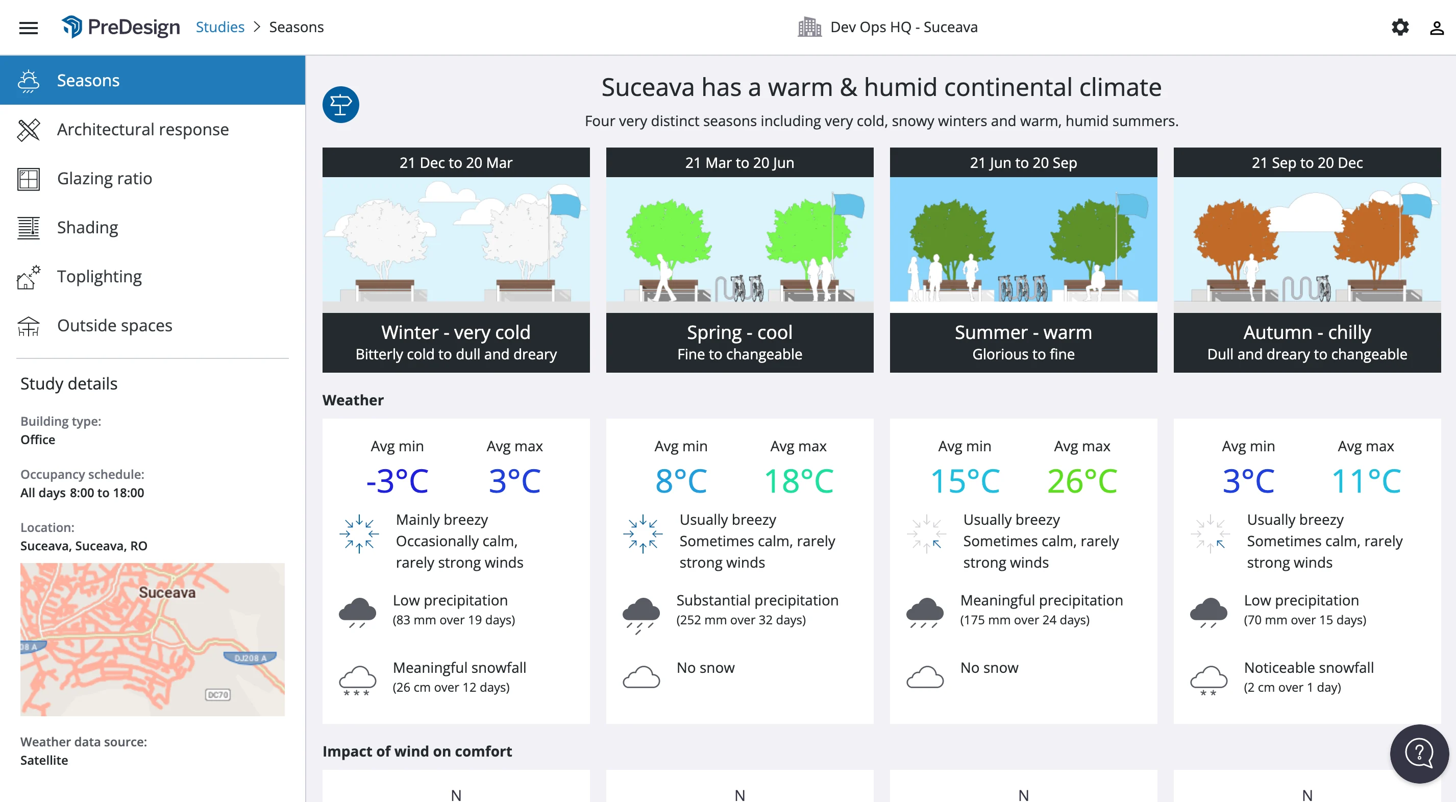 Screenshot of a weather report showing Suceava's climate and seasonal details.