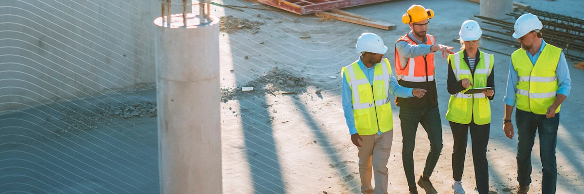 Four construction professionals in safety gear walk on a site; one points while another holds a rugged tablet.