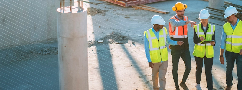 Four construction professionals in safety gear walk on a site; one points while another holds a rugged tablet.