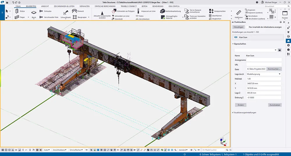 In Tekla Structures wird mit Punktwolke und 3D-Modell der IST-Stand der Anlage ĂĽberprĂĽft.