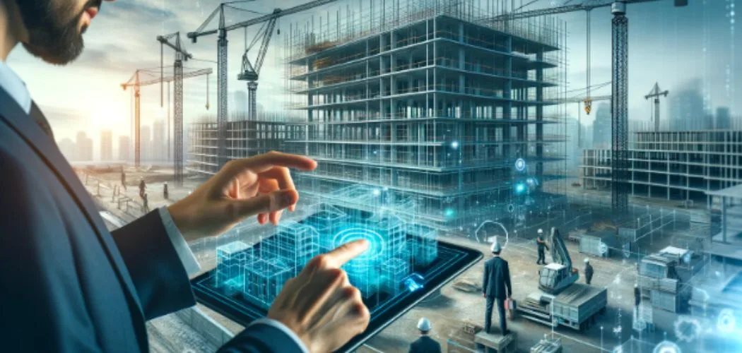 A man in a suit uses a tablet displaying a 3D model of a building, with a construction site and cranes visible in the background.