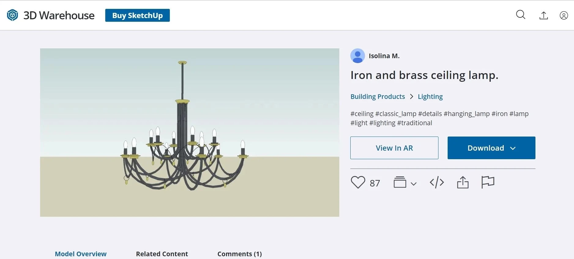 Screenshot of a 3D model of an iron and brass ceiling lamp, modeled by Isolina Mallon and uploaded to SketchUp's 3D Warehouse