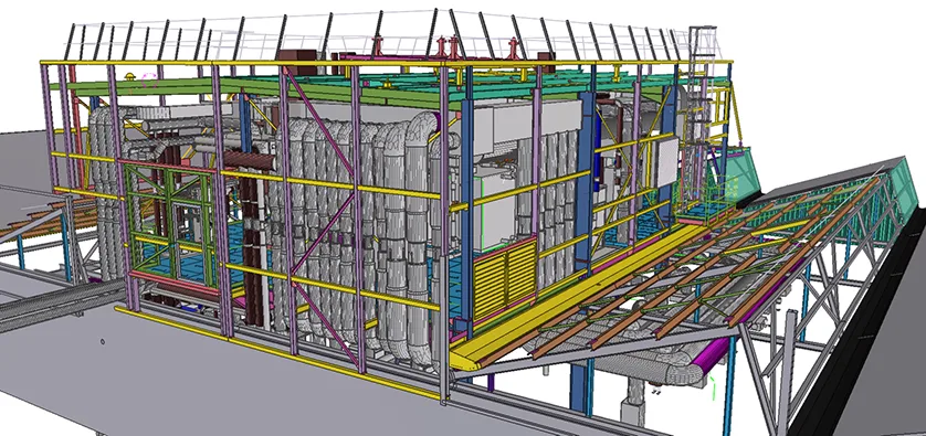 3D rendering of industrial equipment with complex piping and structural framework.