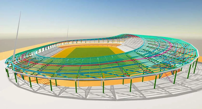3D rendering of a stadium's structural framework under construction, highlighting the roof support system.