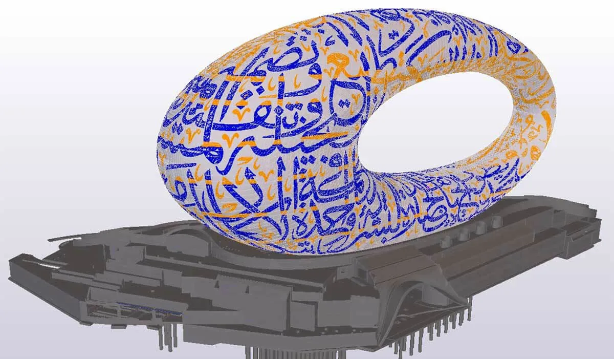 Architectural model of the Museum of the Future in Dubai, showing its toroidal shape with Arabic calligraphy and underlying structure.