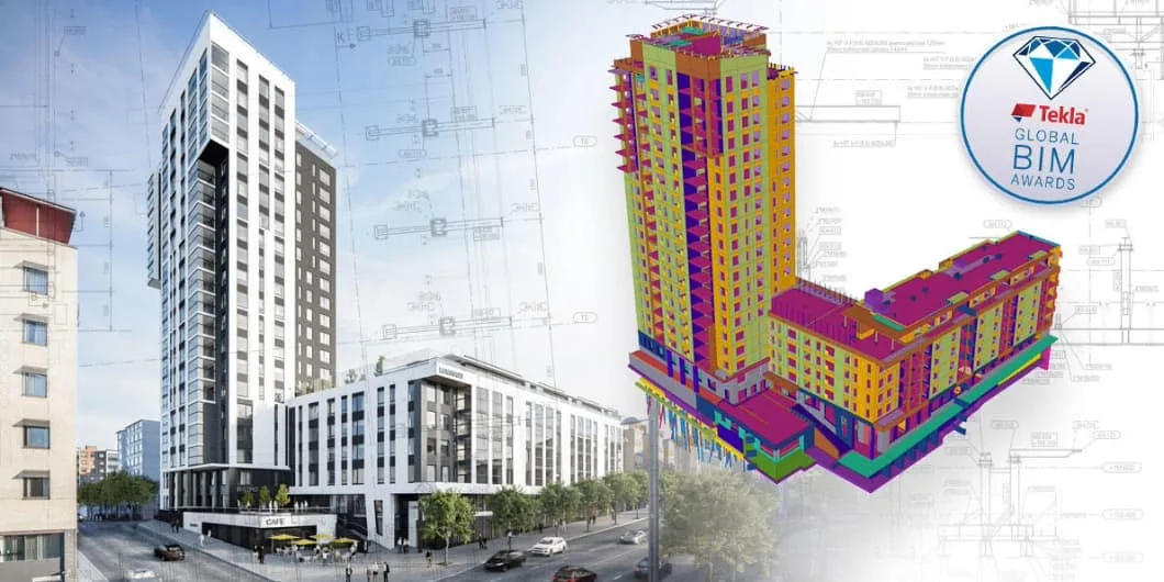 Architectural rendering of Luminary building, BIM model and Tekla Global BIM Awards logo.