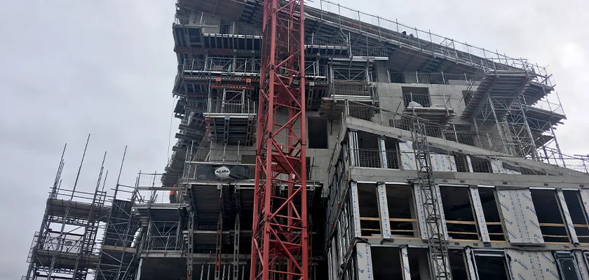 Onsite looking up at upper two tiers cantilevering out over one another