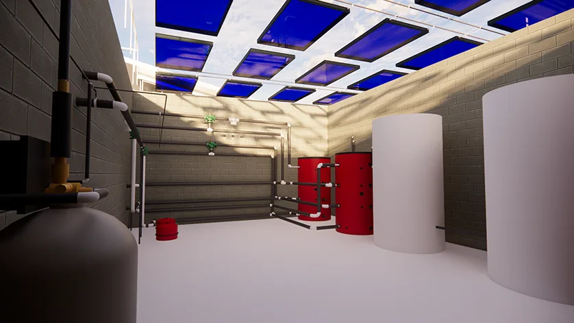 A 3D rendering of a room with plumbing, water heaters, and solar panels on the ceiling.