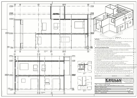 Architectural blueprint with a 3D perspective view of a house and detailed floor plans, elevation views, and technical notes.