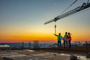 Multi ethnic workers talking at construction site reviewing plans