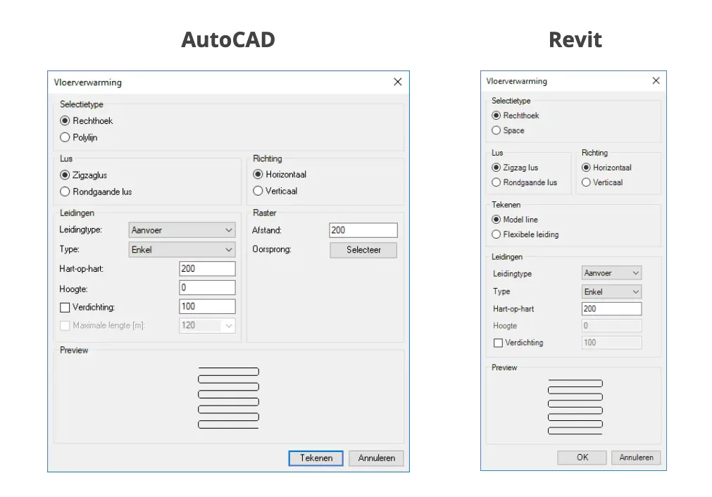 Comparison of floor heating settings in AutoCAD and Revit software interfaces.