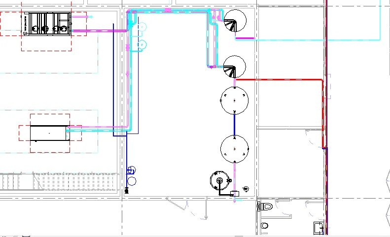 Schematic diagram showing the layout of tanks, piping, and equipment for a facility.