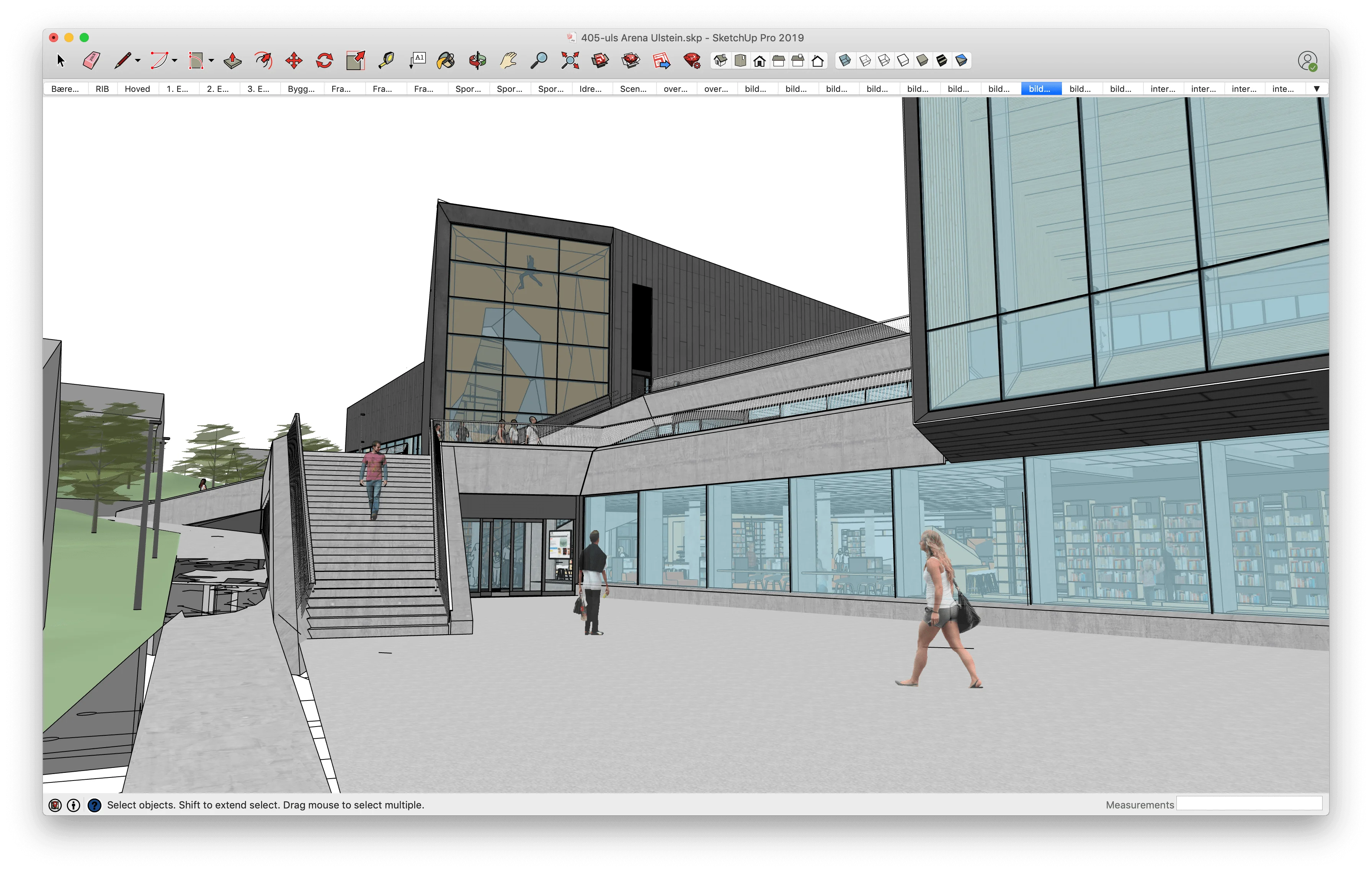 3D architectural rendering of a modern building with glass windows, showing people walking outside.