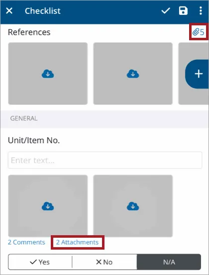 Checklist screen with references and attachment indicators.