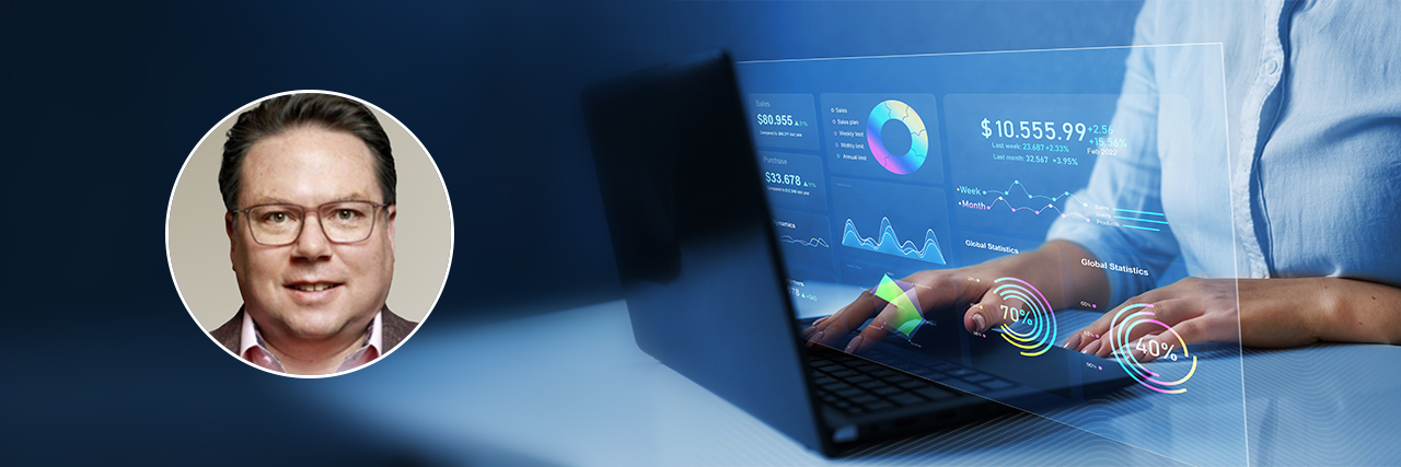 Portrait of Tim Long of Snowflake overlaid next to a person typing on a laptop displaying a digital analytics dashboard.