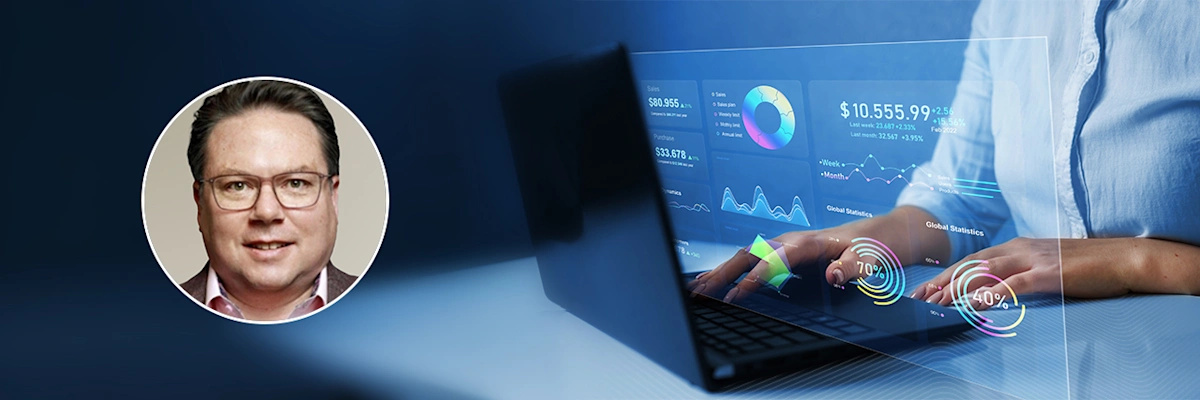 Portrait of Tim Long of Snowflake overlaid next to a person typing on a laptop displaying a digital analytics dashboard.